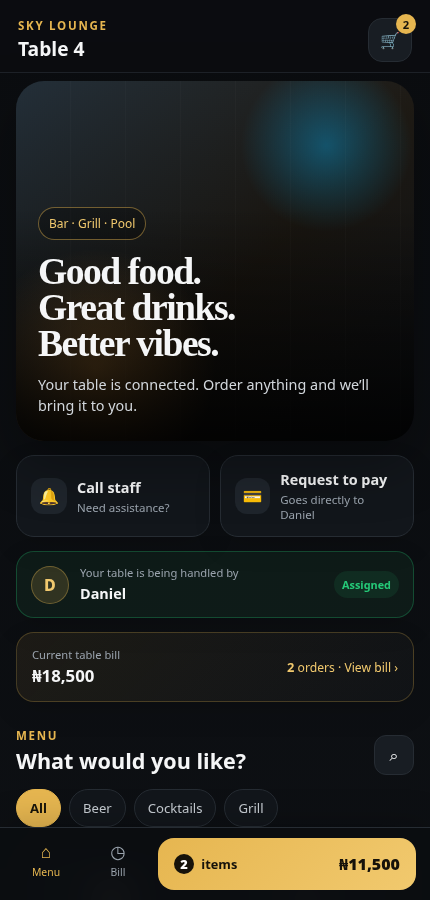 LeisureOS customer screen with the menu, call staff and request to pay